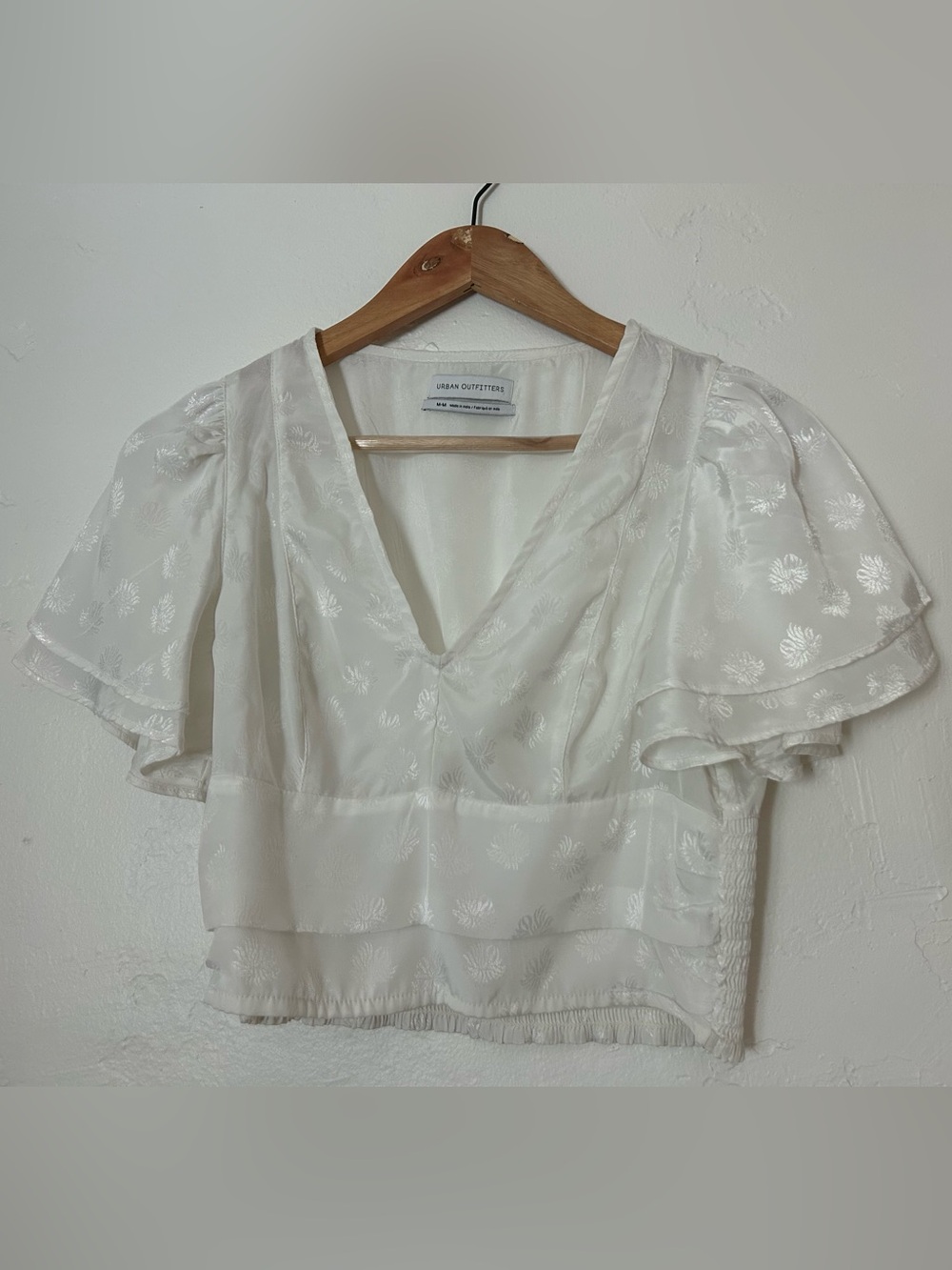 Urban Outfitters White Jacquard Flutter Sleeve Crop Top